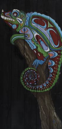 "Indigenous Chameleon"  58" x 28"  My love for cultures around the world.  Depicting the ability to blend in with anything, anywhere.