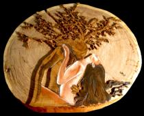 "Nature of Passion"  24" diameter  A natural passion a man has for his wife when grasping that matrimony & caressing it.  This slab was the base of their wedding cake.  The vibe & unconditional love they express for each other inspired my admiration for their organic love.